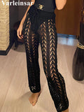 S - XL Women Crochet Knitted Beach Pants Hollow Out Elastic Straight Casual Trouser Holiday Beach Wide Leg Bikini Cover Up V2651