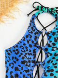 Leopard Print One Piece Swimwear Women 2026 Blue Green Gradient Bikini Sexy Cross Bandage Hollow Out Monokini Backless Beachwear