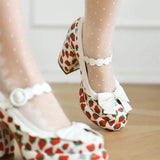Big Size 43 High Quality Women's y2k Block High Heels Sweet Strawberry Print Mary Jane Pumps Black Pink Platform Lolita Shoes