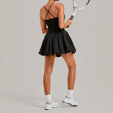 Fake Two Piece Tennis Dress Women Back Criss Cross Slim Bulit-in Shorts Golf Athletic Dresses Gym Pleated Fluffy Yoga Mini Dress