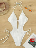 S - XXL Halter V Neck Wrinkled Female Swimwear One Piece Swimsuit Women Backless Monokini High Cut Bathing Suit Swim Beach Wear