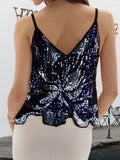 Women's Summer Loose Glitter Sequin Cami Tops Sleeveless Spaghetti Strap V Neck Camisole Clubwear