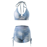 Swimsuit Women's Blue Tie Dye Split Bikini Cover, Sexy Women's Hot Spring Swimsuit Three Piece Set