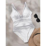S - XL New Sexy Mesh Sheer V Neck Women Swimwear One Piece Swimsuit Female High Leg Cut Monokini Bather Bathing Suit Swim V5136