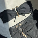 With Mesh Skirt Bandeau Bikini Women Swimwear Female Swimsuit Three-pieces Bikini Set Metal Ring Bathing Suit Swim Beachwear