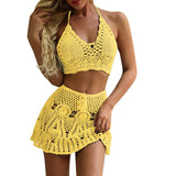 Bikinis Sets for Women Swimwear Crocheted Hollow Out Halter Crop Top Skirt 2 Piece Summer Bikini Beach Wear Swimsuit купальник