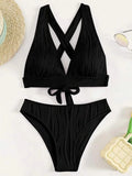 Wrinkled Crinkled Cross Back Bikini Women Swimwear Female Swimsuit Two-pieces Bikini Set High Cut Bathing Suit Swim Beach Wear
