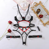 Summer Thin Mesh Hollow Sexy One-piece with Leg Rings Sexy Underwear with Underwire