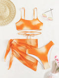 3 Pieces Ombre Lace Up Bikini Swimsuit & Beach Skirt Sexy Swimwear Women 2026 Bathing Swimming Swim Suit Female Summer Beachwear