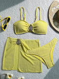 With Skirt Wrinkled Bandeau Bikini Female Swimsuit Women Swimwear Three-pieces Bikini Set Metal Ring Bathing Suit Swim Beachwear