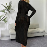 See-through Maxi Dress with V-Neck And Long Sleeves Lace-Up Hollow-out Design for Women Fashionable Beach Holiday Sexy Long Gown
