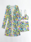 New Sexy 3 Pieces Suit for Women Neck Hanging Bikini Set+Cover-up Swimwear Sunproof Tankini High Waist Shorts Swimsuit Beachwear