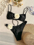 Sexy 3D Flower Patchwork Swimwear Thong Bikini 2024 Women Lace-up Swimsuit Halter Drawstring Swimming Bathing Suit Biquini Mujer
