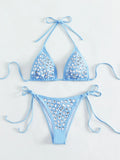 DEKA Women Sexy Rhinestones Bikini Set With Solid Color Thong Swimwear Female Push Up Swimsuit Beach Swimming Bathing Suit