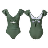 Womens Lace Fly Sleeve Bodysuit Swimwear V Neck Bikini Front Twist Cutout Tummy Control Bathing Suits Beachwear