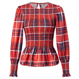 Women T-shirt Elegant Long Sleeve Crew Neck Pleated Ladies Vintage Plaid Print Tops Spring Fall Streetwear