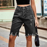 Women’s Ripped Bermuda Denim Shorts Solid Color Casual High Waist Raw Hem Knee Length Jean Shorts Streetwear