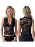 Summer Women Sheer Lace Tank Tops V Neck Slim Fit Vest Party Club Night Out Daily Sleeveless Vintage Shirts Streetwear