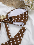 Sexy Coffee Polka Dot Print Bikini Set Women Bandeau Metal Shell Buckle Push Up Cover Up 3 Piece Swimsuit Bathing Suit Swimwear
