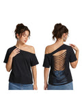 Women's Ripped Backless T-shirt Off Shoulder Short Sleeve Loose Fit Tee Tops Solid Color Shirts for Party Club Gothic Summer