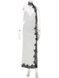 Ahagaga Fashion Women's Sets Satin Lacs Patchwork With Scarf 2Pcs (Tops+Skrit) Split Eelgant Summer Party Casual Female Suits