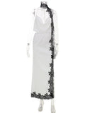 Ahagaga Fashion Women's Sets Satin Lacs Patchwork With Scarf 2Pcs (Tops+Skrit) Split Eelgant Summer Party Casual Female Suits