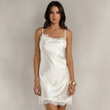 Women's Summer Satin Mini Dress Elegant Solid Color Lace Trimmed Sleeveless Spaghetti Strap Dresses for Party Date Night Wear