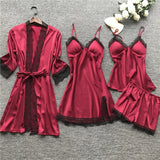 4 Pieces Women's Sexy Lace Pajamas Fashion V-Neck Gown Comfort Pajamas Pajamas Pajamas With Chest Pads Nightdress Casual Loungew