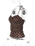 FDYOUI Y2K Polka Dot Tank Tops Streetwear Women Sexy Halter Neck Sleeveless T-shirt Brown Camisoles 2026 Summer Backless Corset