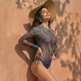 Vintage Long Sleeved Mesh Sunscreen Swimsuit Women Blue Floral Print Drawstring Side High Waist Swimwear 2026 Beach Bathing Suit