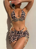2026 Summer Leopard Print 3 Pieces Suit Swimwear Reversible Sexy Halter Lace-up Bikini Set Drawstring Skirt Cover Up Beachwear