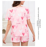 3-Piece Heart Print Pajama Women Sleepwear Home Clothes Short Sleeve Top with Shorts & Long Pants Pajamas Loungewear Short Suit