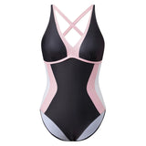 Women Summer Monokini Swimsuit Contrast Colors V-Neck Tie Back Sleeveless Jumpsuit Swimwear for Beachwear Bathing Suits
