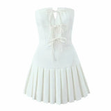 Bowknot Off Shoulder Strapless Party Short Dress for Women 2025 Elegent Lady White Pleated Mini Vestidos Female Backless Dress