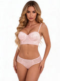 Hot Sale Pink Floral Lace Bra Set for Women Push Up Wirefree Silky Mesh Chiffon Adjustable Straps Back Closure Daily Lingerie