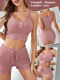 Sexy Women Summer Pajama Set Ribbed Lace Trim Backless Crop Cami Top and Shorts Slim Fit Sleepwear Nightwear Lounge Set
