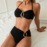 S - XL Metal Ring Halter Female Swimsuit High Waist Bikini Women Swimwear Two-Pieces Bikini Set Bather Bathing Suit Swim V6933