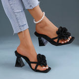 Pink Flower Thick Heeled Sandals Women Elegant Square Toe Party Wedding High Heel Shoes Woman Plus Size 43 Summer Sandalias