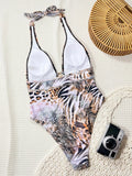 Tiger Printed Halter Deep V Neck One Piece Swimsuit Women Swimwear Female Backless Monokini High Cut Bathing Suit Swim Bodysuit