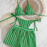 2026 Summer Women 3 Pieces Swimsuit Striped Print Halter Lace-up Backless Swimwear Sexy Micro Bikini Set Shorts Suits Beachwear