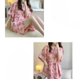 Womens Nightwear Loungewear Kimono Pajamas Student Short Sleeves Shorts Peach Print Tops and Pants Set Sleepwear Comfortable