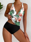 New Sexy Deep V Bikini Set Strappy Halter Swim Top & High Waist Panties Women's Printed Two Piece Swimsuit Beach Bathing Suit