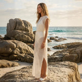 Women's Solid Color Knit Sheer Dress Summer Swim Cover Up Cap Sleeve Round Neck Sequin Dresses for Beach