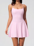Women Tennis Dress with Shorts Pocket Square Neck Hollow Back Sleeveless One Piece Sports Outfit Fitness Pleate Mini Dresses
