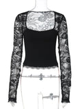 FDYOUI 2026 New Lace Patchwork Long Sleeve T-shirts for Women Square Collar See-through Slim Crop Tops White Black Tee Shirt