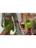 Women's Summer Solid Color Mini Sequins Skirts High Waist Side Split Tie Up Skirt for Daily, Travel, Parties