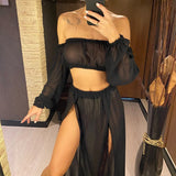 2026 Leopard Off Shoulder Long Sleeve 2 Pieces Set Beach Cover Up Cover-ups Beach Dress Beach Wear Beachwear Female Women V3728