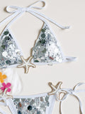 2026 New Summer Women's Crochet Swimsuit Sequins Sexy Backless Lace-up Swimwear Low Waist Micro Bikini Set Beach Bathing Suits