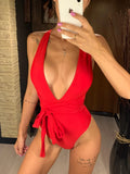 New Sexy Long Wrap Around Deep V One Piece Swimsuit Women Swimwear Female High Cut Monokini Bather Bathing Suit Swim Lady V1639B