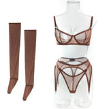 Toucheart Erotic Lingerie Comfortable Mesh Sexy Body Shaping Ultra-thin See-through Sexy Underwear Four-piece Set with Stockings
